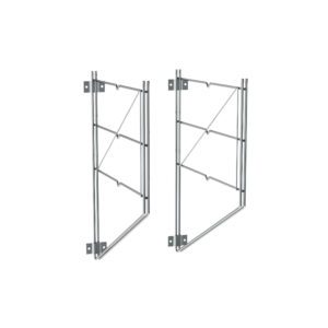Two metallic gate hinges on a white background, designed for structural support or installation, perfectly complement Metro Erecta Shelf Wall Mounts for three 18 wide wire shelves, featuring a grid pattern for enhanced stability.