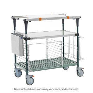 The Metro MS1830-FSPR-PK2 PrepMate MultiStation 30 Prep Station features a Solid Stainless Steel top shelf, Super Erecta Pro bottom shelf with Metroseal Green Epoxy posts, side metal box, adjustable legs, and orange accents for optimal organization. Note: Actual dimensions may vary from product shown.