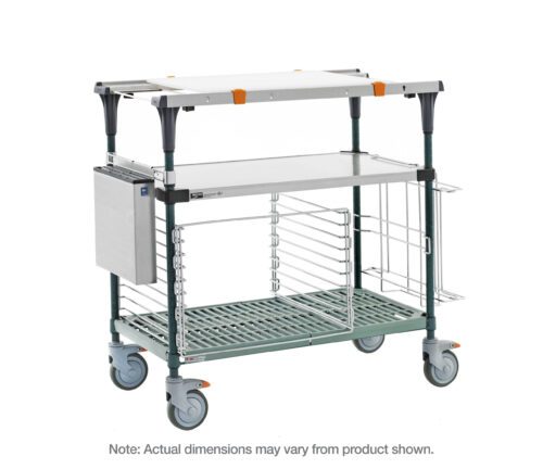 The Metro MS1830-FSPR-PK2 PrepMate MultiStation 30 Prep Station features a Solid Stainless Steel top shelf, Super Erecta Pro bottom shelf with Metroseal Green Epoxy posts, side metal box, adjustable legs, and orange accents for optimal organization. Note: Actual dimensions may vary from product shown.
