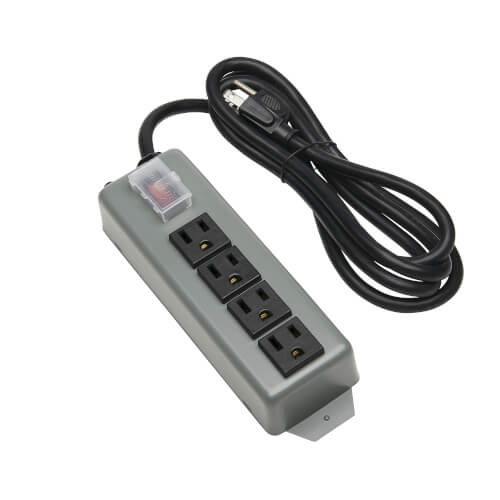 1hxxmah06l6n7jini31snu8qfrugaadh.jpg The Metro HS-PSTRIP4 power strip features a sleek gray design with four black outlets, a coiled black cord with a three-prong plug, and a clear switch cover for added protection.