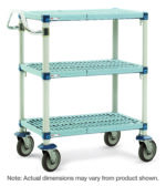 The MetroMax Q MQUC1830G-35 utility cart is 18 x 30 x 39.25, with teal and white slatted shelves, blue accents, four swivel casters, a push handle, and a sturdy frame reinforced with metal supports.