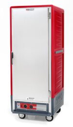 The Metro C539-HFS-L C5 3 Series is a mobile insulated cabinet in red, featuring a full-length solid white door on wheels, with a handle and bottom control panel; it operates at 60Hz.