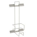 A minimalist white metal shower caddy, similar to the sleek Metro FL235-5 Flexline Oxygen Tank Holder, features a vertical design with two rectangular shelves for bottles and bottom hooks for hanging items. Its designed to be mounted over a shower door.