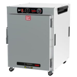 The Metro HBCW8-AS-UC HotBlox is a gray, 120V, 875W insulated undercounter holding cabinet with a solid door. It features a red logo, an analog control panel with dial and indicators above the door, NEMA 5-15P compatibility, wheels for mobility, and a side handle for convenience.