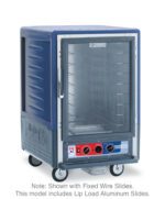 The Metro C535-MXFC-L-BU C5 3 Series Insulated Moisture Heated Holding/Proofing Cabinet boasts a full-length clear door and lip load aluminum slides for easy access. It features blue exterior, control dials at the bottom, and is mounted on wheels. Specs: 1/2 height, 220-240V, 50/60Hz, 1681-2000W.