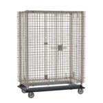 The Metro MQSEC55LE MetroMax Heavy-Duty Mobile Security Shelving Unit, measuring 28.0625 x 51.125 x 68.5, is a sturdy industrial cage with a black wheeled base, featuring a secure metal latch and durable silver mesh for safe transport or storage.