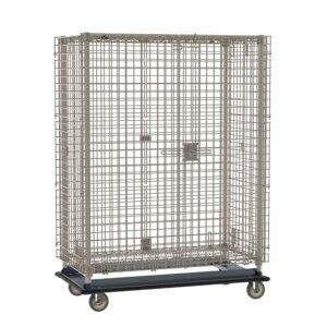 The Metro MQSEC55LE MetroMax Heavy-Duty Mobile Security Shelving Unit, measuring 28.0625 x 51.125 x 68.5, is a sturdy industrial cage with a black wheeled base, featuring a secure metal latch and durable silver mesh for safe transport or storage.