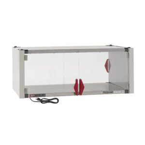 The Metro HS2442-EKIT Super Erecta Hot Enclosure Kit includes a stainless steel and glass cabinet with sliding doors, red handles, and a heated shelf. Measuring 42.7 x 27.7 x 17.4, this 600W, 120V unit features a black power cord in the bottom left corner for easy setup.