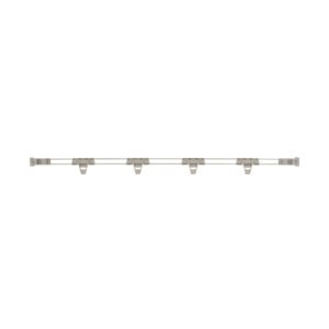 This minimalist, stainless steel wall-mounted coat rack is 60L x 2H with five evenly spaced hooks and short supporting arms, similar to the Metro PRL60-2S Stackable Shelf Ledge for Super Erecta Pro Shelving.