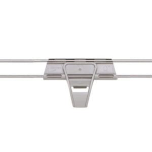 A sleek, minimalist metal wall-mounted clip rack with five hooks pairs perfectly with the 72 long Metro MQL72-2S Stackable Shelf Ledge for MetroMax Q Industrial Plastic Shelving, providing versatile organization and a polished industrial aesthetic.
