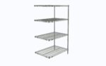 The Metro AN536C Super Erecta Chrome 4-Shelf Add-On Unit, 24 x 36 x 63, stands against a white background, showcasing its chrome finish and sleek, sturdy grid design.