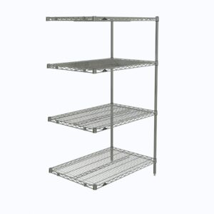The Metro AN536C Super Erecta Chrome 4-Shelf Add-On Unit, 24 x 36 x 63, stands against a white background, showcasing its chrome finish and sleek, sturdy grid design.