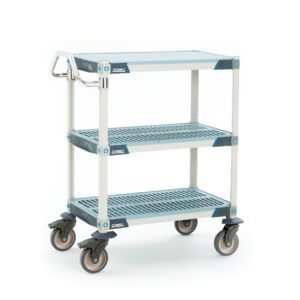 The MetroMax i MXUC1830FT-35L utility cart, measuring 18 W x 30 L x 39.25 H, features three industrial polymer shelves, a solid top shelf mat, a metal handle, and four swivel casters. It boasts light gray and blue accents for added versatility.