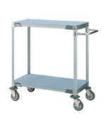 A Metro LABX3 MetroMax i General Lab Cart in gray includes two shelves, a sturdy metal frame, and four swivel caster wheels with a handle for easy maneuverability, suitable for lab use.