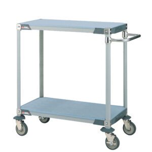 A Metro LABX3 MetroMax i General Lab Cart in gray includes two shelves, a sturdy metal frame, and four swivel caster wheels with a handle for easy maneuverability, suitable for lab use.