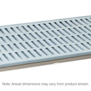 A 21 x 48 MetroMax 4 MAX4-2148G Plastic Industrial Shelf with a ventilated grid surface lies horizontally on a white background. It has dark corners, a small red logo, and notes mention that dimensions may vary.