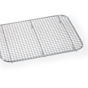 The Metro 6511DR Draining Grate is a rectangular metal cooling rack featuring a grid pattern with small feet, ideal for cooling baked goods with excellent air circulation and drainage.