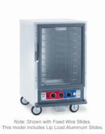 The Metro C515-CXFC-LA C5 1 Series is a 1/2 height commercial cabinet with Lip Load Aluminum Slides, transparent door, metal exterior, bottom control panel, operates at 220-240V and 50/60Hz, and is mounted on caster wheels.