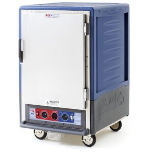 The Metro C535-CLFS-4-BUA is a blue 1/2 height cabinet on wheels with a full-length solid door and fixed wire slides, operating at 120V and 60Hz for optimal warming.