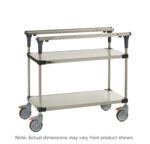 The Metro MS1824-FSFS PrepMate MultiStation 24 Prep Station features solid stainless steel top and bottom shelves, sleek stainless steel posts, and four wheels with orange brake levers for easy mobility. Note: Actual dimensions may vary from product shown.
