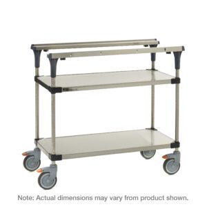 The Metro MS1824-FSFS PrepMate MultiStation 24 Prep Station features solid stainless steel top and bottom shelves, sleek stainless steel posts, and four wheels with orange brake levers for easy mobility. Note: Actual dimensions may vary from product shown.