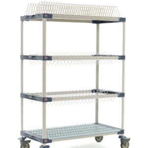 The MetroMax 4 MAX4-PR48VX3 Mobile Drying Rack measures 26 x 50 x 68 and includes two drop-ins, one tray rack, and one bulk shelf. It features four tiers, supported by vertical metal rods and triangular brackets, resting on swivel casters for mobility.