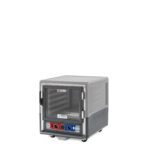 The Metro C533-CLFC-L-GYA is a portable, gray, undercounter insulated holding/proofing cabinet with a full-length clear door and lip load aluminum construction, featuring bottom panel control knobs and four wheels.