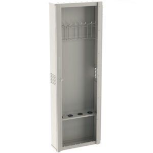 The Metro FL246 Flexline Scope Cabinet, 4-Hook, is a tall, open metal locker with a vented door and 4-hook setup at the top. The gray unit offers practical storage and a convenient bottom section.