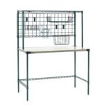 The Metro SMSP2448NK3 Super Erecta Prep Station, a metal potting bench, features a grid back with hooks and baskets for storage. Its flat work surface and sturdy frame offer a simple, functional design ideal for gardening or tool organization.