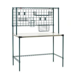 The Metro SMSP2448NK3 Super Erecta Prep Station, a metal potting bench, features a grid back with hooks and baskets for storage. Its flat work surface and sturdy frame offer a simple, functional design ideal for gardening or tool organization.