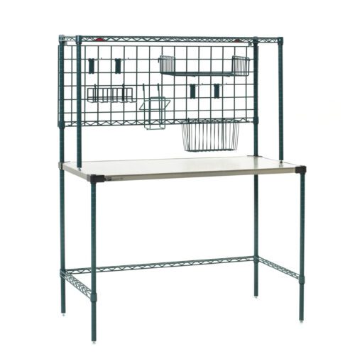 The Metro SMSP2448NK3 Super Erecta Prep Station, a metal potting bench, features a grid back with hooks and baskets for storage. Its flat work surface and sturdy frame offer a simple, functional design ideal for gardening or tool organization.