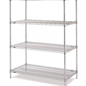 The Metro EZ1860BR-4 Super Erecta 4-Shelf Industrial Wire Shelving Convenience Pak, Brite, features a four-tiered design measuring 18 x 60 x 74, with evenly spaced shelves on robust metal legs. Note that dimensions may vary from the product shown.