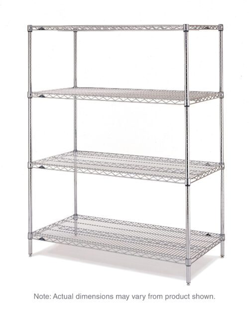 The Metro EZ1860BR-4 Super Erecta 4-Shelf Industrial Wire Shelving Convenience Pak, Brite, features a four-tiered design measuring 18 x 60 x 74, with evenly spaced shelves on robust metal legs. Note that dimensions may vary from the product shown.