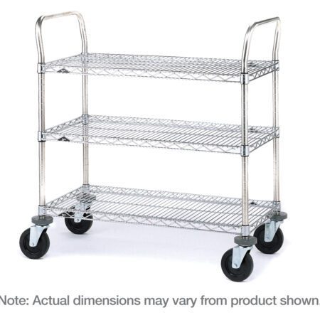 The Metro 3SPN55ABR SP Series is a metal utility cart featuring three 24 x 48 x 39 brite wire shelves, four casters, and handle grips on each side. Note: Actual dimensions may vary.