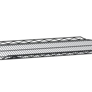 A detachable black metal rectangular grill rack with a lattice edge and horizontal bars resembles the Metro HDM1848QBL qwikSLOT Drop Mat Wire Display Shelf, 18 x 48, ideal for grills or ovens.
