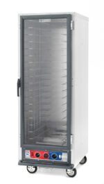 The Metro C519-CXFC-4A is a stainless steel, full-height holding/proofing cabinet with a clear glass door and fixed wire slides. It features control dials and indicators at the bottom, operates at 1681-2000W and 220-240V, and is mounted on four wheels for easy mobility.