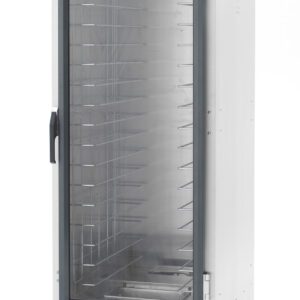 The Metro C519-CXFC-4A is a stainless steel, full-height holding/proofing cabinet with a clear glass door and fixed wire slides. It features control dials and indicators at the bottom, operates at 1681-2000W and 220-240V, and is mounted on four wheels for easy mobility.