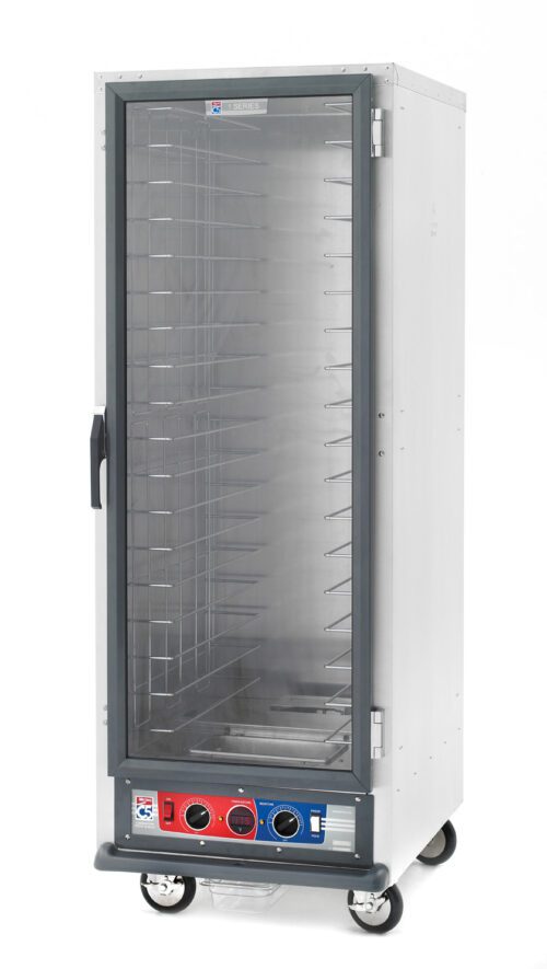 The Metro C519-CXFC-4A is a stainless steel, full-height holding/proofing cabinet with a clear glass door and fixed wire slides. It features control dials and indicators at the bottom, operates at 1681-2000W and 220-240V, and is mounted on four wheels for easy mobility.