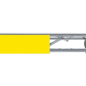 A close-up of a metallic gate arm mechanism features a yellow bar, similar to the Metro CSM6-Y Super Erecta Color Shelf Marker. The vibrant lever contrasts nicely as it mounts elegantly on a silver post against a plain white background.
