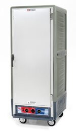 The Metro C539-MXFS-L-GY C5 3 Series is a full-height, gray insulated moisture heated holding/proofing cabinet with a solid door and lip load aluminum slides, operating at 220-240V, ideal for 50/60Hz. It features a side handle and wheels for easy mobility.