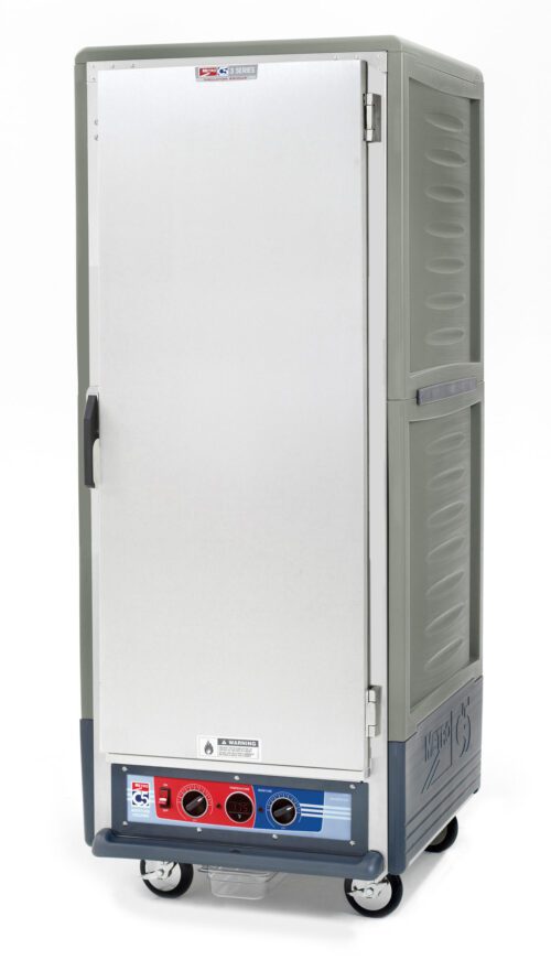 The Metro C539-MXFS-L-GY C5 3 Series is a full-height, gray insulated moisture heated holding/proofing cabinet with a solid door and lip load aluminum slides, operating at 220-240V, ideal for 50/60Hz. It features a side handle and wheels for easy mobility.