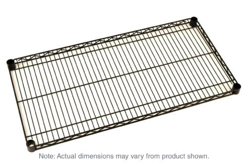 The Metro Super Erecta 1854NBL Industrial Wire Shelf, Black, 18 x 54, features a sleek black metal design with a rectangular grid and round corner caps for safety. Dimensions may vary slightly.