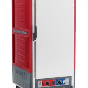 The Metro C537-CXFS-U is a red, 3/4 height insulated holding/proofing cabinet with a full-length solid door, universal wire slides, and 220-240V power. Its designed for versatile storage and easy transport of hot or cold items, featuring wheels and a silver control panel at the bottom.