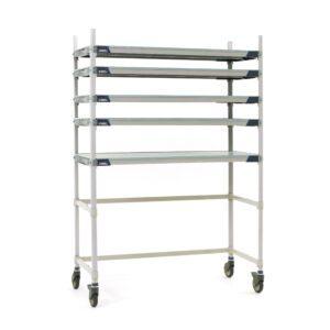 The MetroMax i MX-244280HU-MP-5 is a durable plastic shelving unit with five shelves and roll-under storage for easy mobility. Its design suits industrial or sterile processing applications, measuring 24 x 42 x 80.
