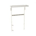 The Metro FL515 Flexline Overbridge with Top Shelf and Hanger Rail is a sleek, white wall-mounted shelving unit with a top shelf and horizontal bar with multiple hooks below. Its vertical supports securely attach to the bottom section for enhanced stability.
