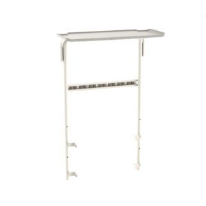 The Metro FL515 Flexline Overbridge with Top Shelf and Hanger Rail is a sleek, white wall-mounted shelving unit with a top shelf and horizontal bar with multiple hooks below. Its vertical supports securely attach to the bottom section for enhanced stability.