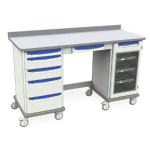 The Metro SXRK41MW7 Starsys Mobile Workcenter is a versatile cart with left-side drawers, a central open space, right-side shelving with a clear door, and a sleek grey top surface.
