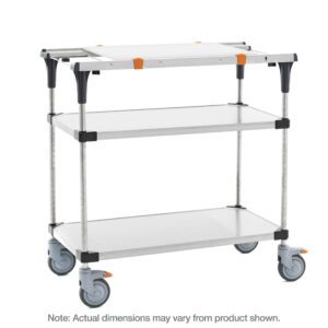 The Metro MS1830-FSFS-PK1 PrepMate MultiStation 30 Prep Station features a solid stainless steel top and bottom shelves with stainless steel posts, offering durability. Four swivel casters, including two with brakes, enhance mobility and ease of storage. An accessory pack adds versatility to prep tasks.