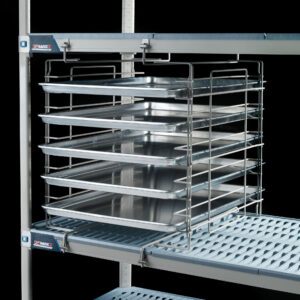 The Metro MQ24SE Adjustable Slide System for MetroMax Q Industrial Plastic Shelving is displayed against a black backdrop. With vertical trays set in a wire frame and perforated shelves, it provides a durable and organized storage solution.