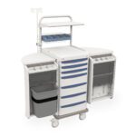 The Metro SXRSTRAMA Starsys Trauma Cart features blue drawers, open side compartments with dividers, an attached waste bin, wheels for easy mobility, and a top shelf for convenience.